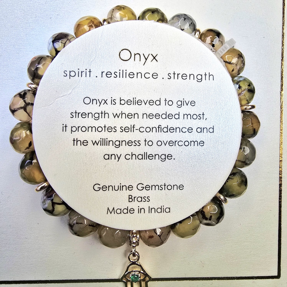 Onyx Multicolor Gemstone Bracelet with Gold Hamsa Charm - Picture 2 of 3